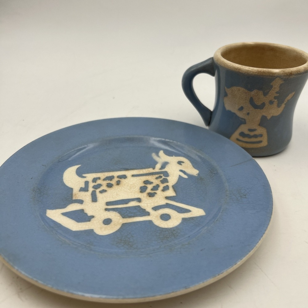 1930s mug cup & plate Harkerware‎ blue Cameoware porcelain ceramic Antique